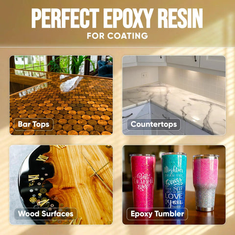 Top Tier Table Top Epoxy Resin Kit For Bars And Counters With Killer UV Resistance And Straight Up Crystal Clear High Gloss Finish For Serious Handmade Creators, shown on bar tops and countertops.