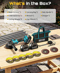 Cordless 4-1/2 Inch Angle Grinder With 21V Brushless Motor Dual 4.0Ah Batteries 10000 RPM accessories on table