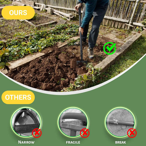 Person using Heavy Duty Small Shovel For Digging With Long 43 Inch Handle Workhorse Tool in a garden bed