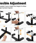 Beefy Heavy Duty Motorcycle Engine Stand With 1000 Pound Capacity, showing adjustable frame and hands adjusting height