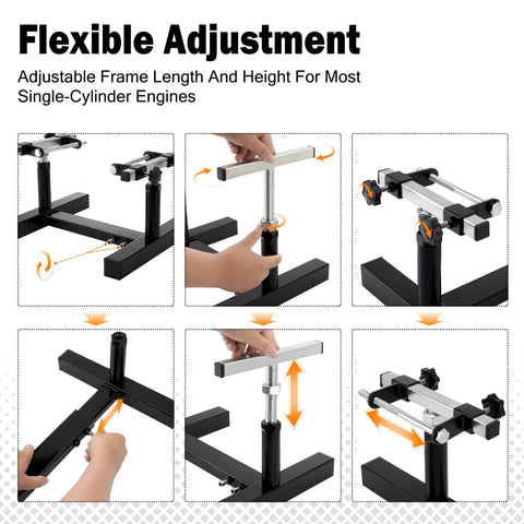 Beefy Heavy Duty Motorcycle Engine Stand With 1000 Pound Capacity, showing adjustable frame and hands adjusting height