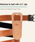 Top Grain Leather Arborist Pruner Pouch with belt clip and slot attachment for easy access, displayed on a leather belt.