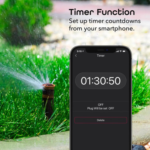 Weatherproof Indoor Outdoor Smart Plug With One Socket Handy Remote Control And Timer Set Lights And Devices From Anywhere Works With Alexa And Google Assistant Requires 2.4 GHz WiFi Black showing timer function on smartphone screen next to garden sprinkler