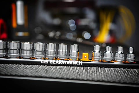 Fourteen Piece Three Eighths Inch Drive Six Point Socket Set Metric Pro Grade Chrome Plated Alloy Steel on display