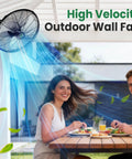 Solar Powered Outdoor Wall Mount Fan With Battery And Adjustable Thermostat 18 Inch Heavy Duty Metal Outdoor Fan active on patio