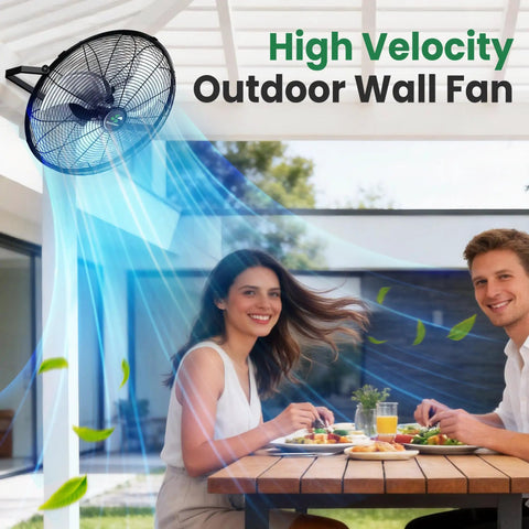 Solar Powered Outdoor Wall Mount Fan With Battery And Adjustable Thermostat 18 Inch Heavy Duty Metal Outdoor Fan active on patio