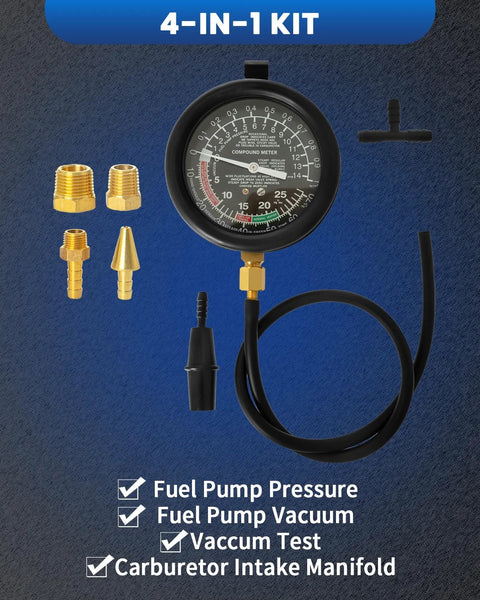 Front view of SIXIWANZI 4-in-1 automotive vacuum gauge kit with brass fittings, hose, and gauge