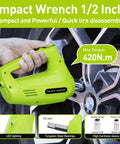 Front view of lime-green electric car jack with LCD screen and air pump lifting a car wheel