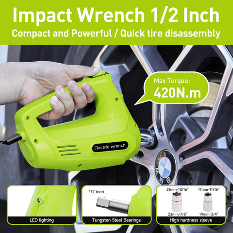 Front view of lime-green electric car jack with LCD screen and air pump lifting a car wheel