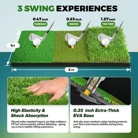 Close-up of Tri-Turf mat for All In One Golf Practice Net Set 10 By 7 Foot With Tri Turf Mat, showing fairway, rough, tee turf sections.