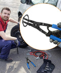 Mechanic using Ford 38700 Spindle Snap Ring Pliers 10.9 Inch Internal Circlip Pliers for Ford Super Duty pickups with blue handle.