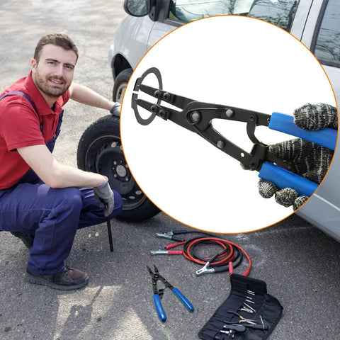 Mechanic using Ford 38700 Spindle Snap Ring Pliers 10.9 Inch Internal Circlip Pliers for Ford Super Duty pickups with blue handle.