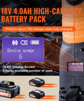 18V 4.0AH high-capacity battery pack with OLED display showing device usage for Heavy Duty 18V Electric Pipe Crimping Tool.