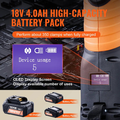 18V 4.0AH high-capacity battery pack with OLED display showing device usage for Heavy Duty 18V Electric Pipe Crimping Tool.