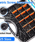 Knockout 2285 Piece Metric Screw Assortment Kit showing button head and socket head screws, 25 sizes, alloy steel.
