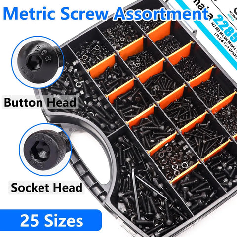 Knockout 2285 Piece Metric Screw Assortment Kit showing button head and socket head screws, 25 sizes, alloy steel.
