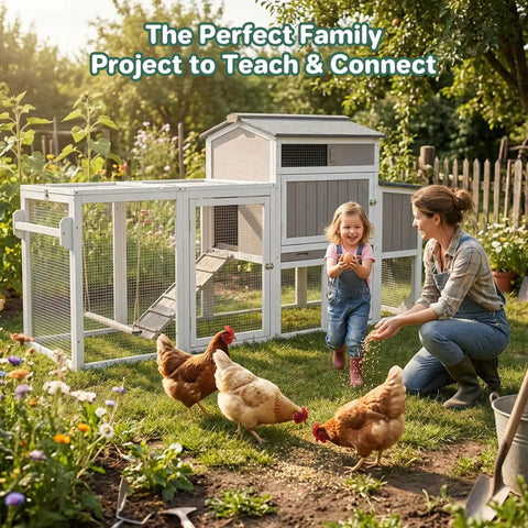 Mobile Chicken Coop With Wheels Weatherproof Large Hen House Chicken Tractor With Nesting Box Roosting Bars Pullout Tray Asphalt Roof featuring a woman and child in garden with chickens