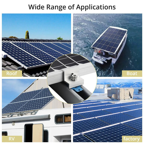 Solar Panel End Clamp Pack Of 20 For Standard Unistrut 30mm 35mm Aluminum Silver with 304 Stainless Steel Screws on various surfaces.