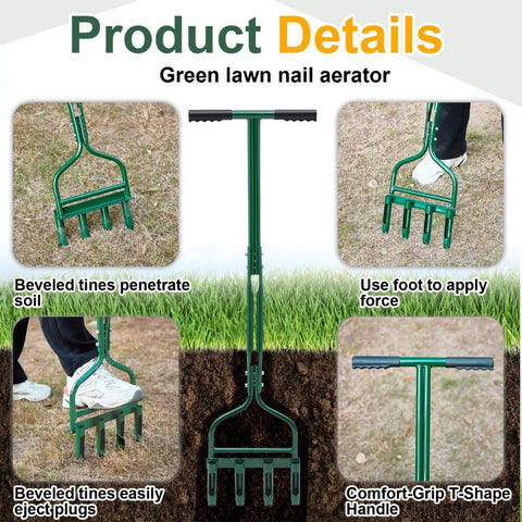 42 Inch Manual Lawn Aerator Tool With Core Plug Tines For Lawn And Soil Aeration, shown penetrating soil with tines