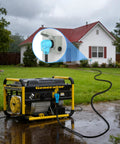 Heavy Duty 50 Amp Rv Generator Cord 100 Ft Power Extension Cable connected to a generator in the rain outside a house.