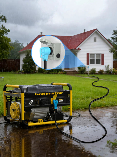 Heavy Duty 50 Amp Rv Generator Cord 100 Ft Power Extension Cable connected to a generator in the rain outside a house.