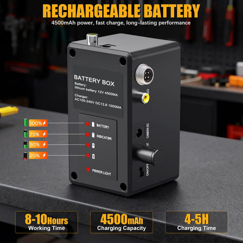 Rechargeable battery box for Heavy Duty 165 Ft Self Leveling Sewer Camera with 4500mAh capacity and indicator lights.