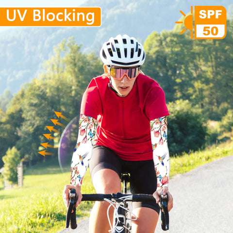 Cyclist wearing Hummingbird Pattern Gardening Arm Sleeves Keeps You Cool With Thumb Hole For Men And Women, Lightweight
