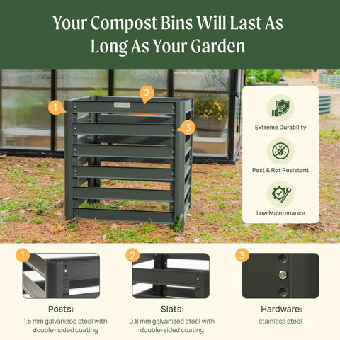 32 Inch Tall Modular Compost Bin for Easy Backyard Composting, 90x30x32 Inch, Galvanized Steel, Front View with Slats in Garden