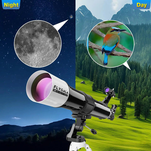 High Powered 80mm 900mm Refractor Telescope For Adults With 36-270x Magnification shown with night sky and day landscape view.
