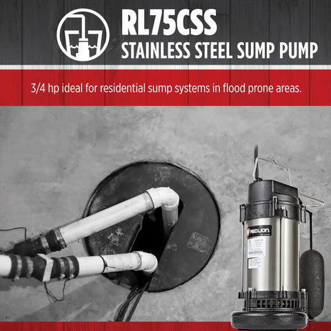 Heavy-Duty 3/4 HP 115V Stainless Steel Sump Pump With Snap-Action Switch, 4500 GPH Steel Black Housing beside basement sump pit