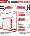 ZealFeel lacrosse backstop net support structure description with sandbags, brackets, carabiners, stakes, and bolts.