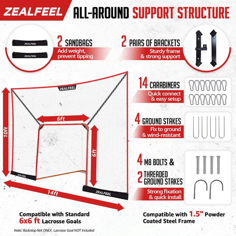 ZealFeel lacrosse backstop net support structure description with sandbags, brackets, carabiners, stakes, and bolts.