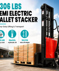 Heavy Duty Semi Electric Pallet Stacker Boasting 3,306 Lbs Capacity And Nearly Eight Feet Lift Height For Smooth Forklift Work In Your Warehouse with pallets.