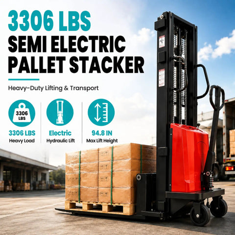 Heavy Duty Semi Electric Pallet Stacker Boasting 3,306 Lbs Capacity And Nearly Eight Feet Lift Height For Smooth Forklift Work In Your Warehouse with pallets.