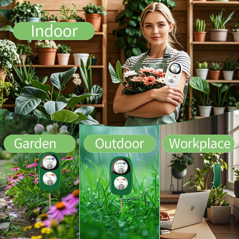2-In-1 Soil Moisture And pH Test Kit With Dual Dial Meter for Plants, used in garden, outdoor, indoor, and workplace settings.