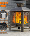 45 Inch High Metal Chiminea Fire Pit With Grill 2 In 1 Bonfire And BBQ Outdoor Wood Burning Fireplace For Garden Yard Patio Square Chiminea With Mesh Spark Screen Door And Fire Poker Black And Gold.