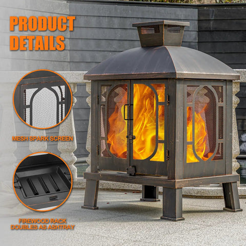 45 Inch High Metal Chiminea Fire Pit With Grill 2 In 1 Bonfire And BBQ Outdoor Wood Burning Fireplace For Garden Yard Patio Square Chiminea With Mesh Spark Screen Door And Fire Poker Black And Gold.