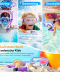 Children using dry top kids snorkel set with anti-fog panoramic mask and anti-leak design, enjoying diving, swimming, snorkeling.