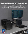 Thunderbolt 5 Egpu Enclosure Dock 80Gbps 850W Psu Nvidia And Amd Graphics Cards Windows 11 Pcie Slot on a desk with monitors.