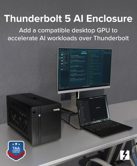 Thunderbolt 5 Egpu Enclosure Dock 80Gbps 850W Psu Nvidia And Amd Graphics Cards Windows 11 Pcie Slot on a desk with monitors.