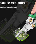 Eight In One Wire Stripper Tool With Non Contact Voltage Detector And Insulated Safety Handles For Electricians And DIYers A Pro Grade Heavy Duty Multi Function Pliers Set demonstrating cutting a circuit board.