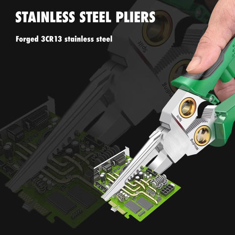 Eight In One Wire Stripper Tool With Non Contact Voltage Detector And Insulated Safety Handles For Electricians And DIYers A Pro Grade Heavy Duty Multi Function Pliers Set demonstrating cutting a circuit board.