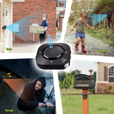 Half Mile Solar Wireless Driveway Alarm System with IP65 weatherproof outdoor motion detectors at gate, walkway, garage, mailbox