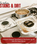 Heavy Duty Aluminum Gas Stove Burner Covers 50 Pack Disposable Stove Top Liners in use with pot and cooked pasta on gas stove.