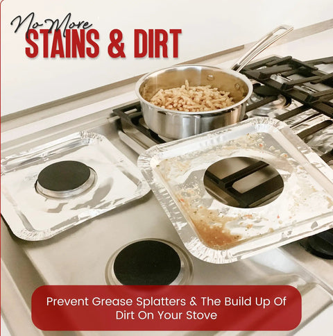 Heavy Duty Aluminum Gas Stove Burner Covers 50 Pack Disposable Stove Top Liners in use with pot and cooked pasta on gas stove.