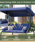 Outdoor Porch Swing With Stand And Canopy For Three Seats Adults Convertible 2 In 1 Swing Bed With Cup Holder Thick Cushions
