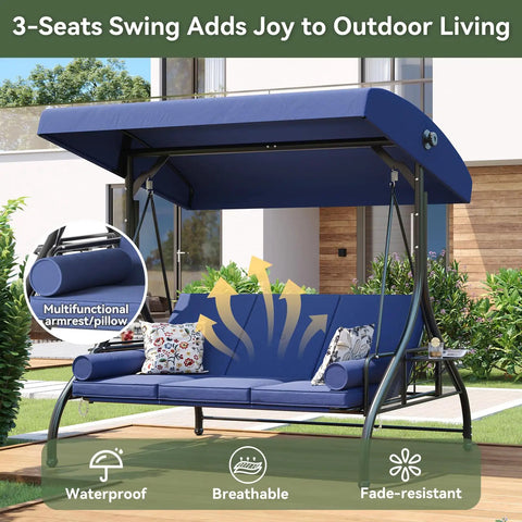 Outdoor Porch Swing With Stand And Canopy For Three Seats Adults Convertible 2 In 1 Swing Bed With Cup Holder Thick Cushions