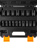 Half Inch Drive Shallow Impact Socket Set, 17 Piece Metric Range 8mm To 24mm, 6 Point Design, CR V Steel in open storage case