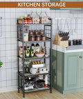 Total Game Changing Five Tier Pantry Shelving With Chunky Wooden Boards And Heavy Duty Adjustable Wire Grids And Super Sturdy Storage Rack For Kitchen Closet Or Laundry Room Setup In Matte Black, displaying organized kitchen items.