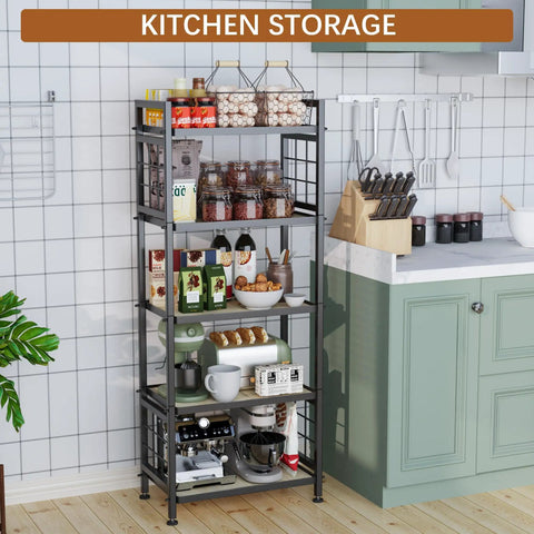 Total Game Changing Five Tier Pantry Shelving With Chunky Wooden Boards And Heavy Duty Adjustable Wire Grids And Super Sturdy Storage Rack For Kitchen Closet Or Laundry Room Setup In Matte Black, displaying organized kitchen items.